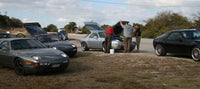 This is people in a field checking out various Porsche 928s.