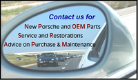 This is Porsche's in a side mirror saying contact us for new Porsche and oem parts, service and restorations and advice on purchase and maintenance.